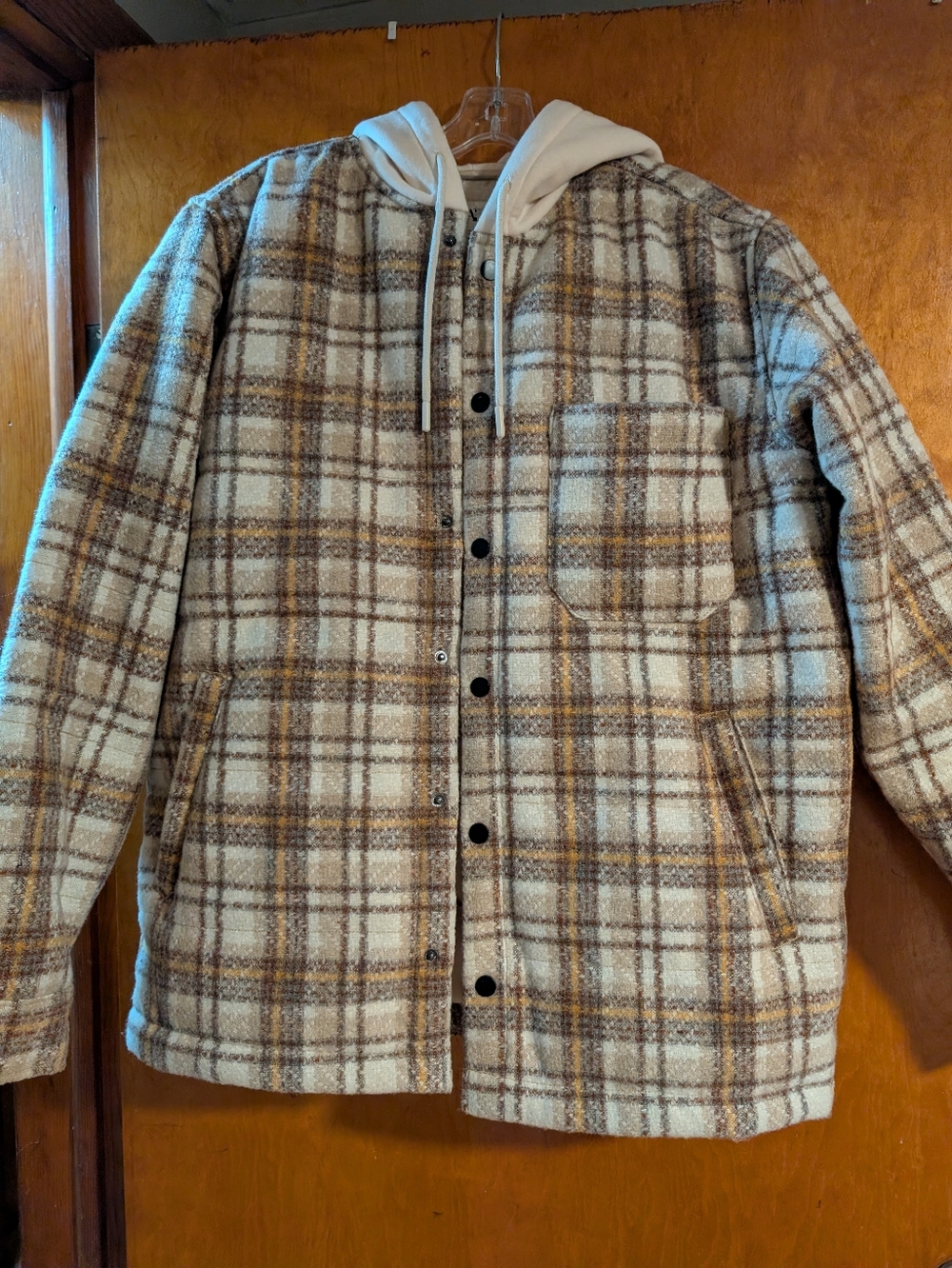 Zara Plaid Hooded Shirt Jacket in Cream & Brown M